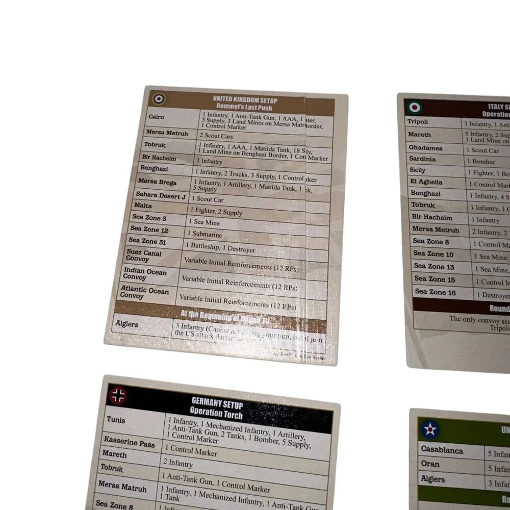 Hasbro Axis and Allies North Africa Board Game Country Cards Repalcement Parts